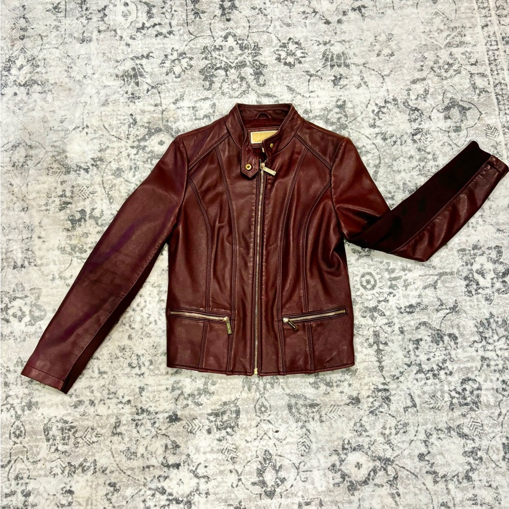 Gorgeous Women’s Michael Kors Burgundy Red Leather Moto Zip Jacket